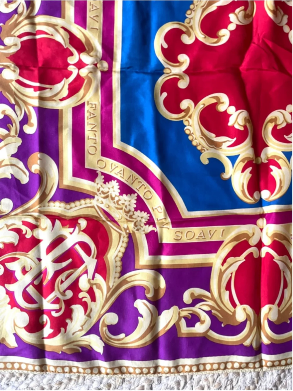 Vintage Italian Silk Scarf Baroque Tile Print Gold Red Blue Ornate Square
